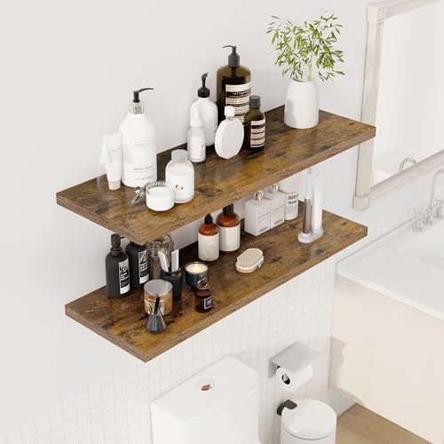 Dreamland 40" Floating Shelves for Wall, 12" Deep Slim Rustic Brown Floating Shelves, Wall-Mounted Shelves for Bedroom, Living Room, Kitchen, Bathroom - Set of 2