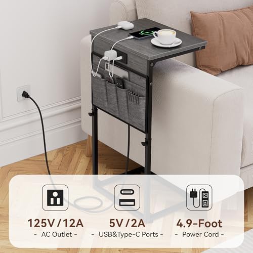 Vagusicc C-Shaped End Table with Charging Station, Small Side Table for Couch, 33" Tall Adjustable Height C Table, Couch Tables that Slide Under, Sofa Table TV Tray for Living Room, Gray Walnut