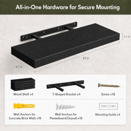 Floating Shelves for Wall Decor,Set of 4,23in,Black