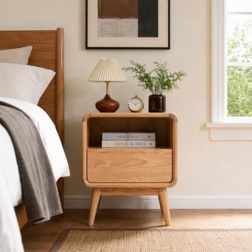 Solid Wood Nightstand Set of 2, Oak Nightstands with Drawer & Shelf
