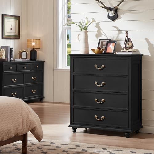 Joaxswe Farmhouse 4 Drawer Dresser Set of 2 for Bedroom, 37" Tall Rustic Chests of Drawers w/ 4 Solid Wood Feet, Mid Century Vintage Wooden Closet Storage Dressers Organizer for Living Room, Black