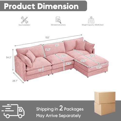 Modern 102" L Shaped Sectional Sofa Cloud Couch, Modern Chenille Comfy Modular Sleeper Sofa, Upholstery Sofa with Ottoman & Memory Foam for Living Room, Pink