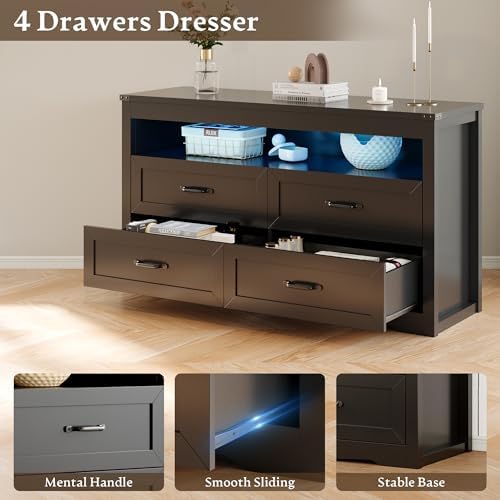 Dresser for Bedroom with LED Lights, 4-Drawer Black Chest of Drawers