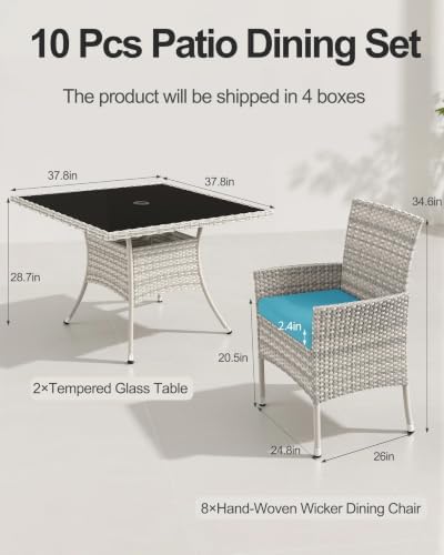 10-Piece Patio Dining Set, 2 Tempered Glass Tables & 8 Wicker Chairs