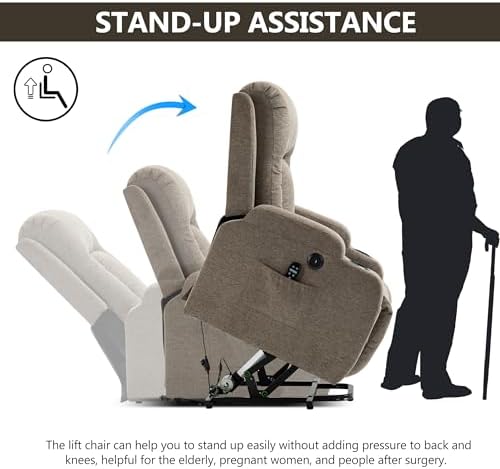 Trustyue Power Lift Recliner Chair with Heat and Massage for Elderly, Electric Recliner Chairs with Standing Assistance, 2 Cup Holders, 4 Pockets, USB Charge Port, Linen Fabric Khaki