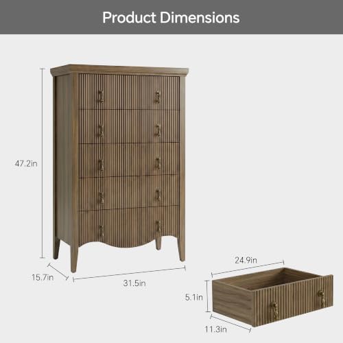 5-Drawer 47" Tall Fluted Dresser, Vertical Chest of Drawers,Light Oak