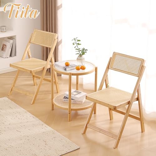Tiita Rattan Folding Dining Chairs Set of 2, Bamboo Frame, Wood