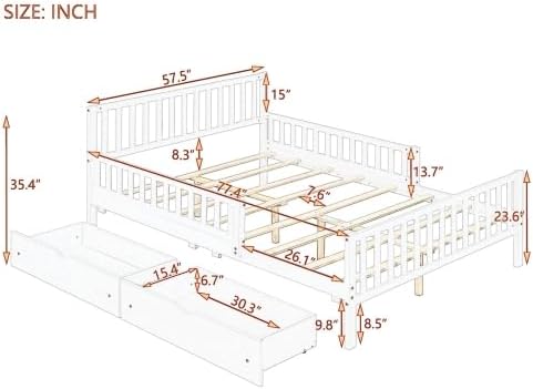 Bellemave Kids Full Bed Frame with Fences and 2 Drawers, Full Size Wooden Platform Bed with Guardrails on Both Sides for Boys Girls, Grey