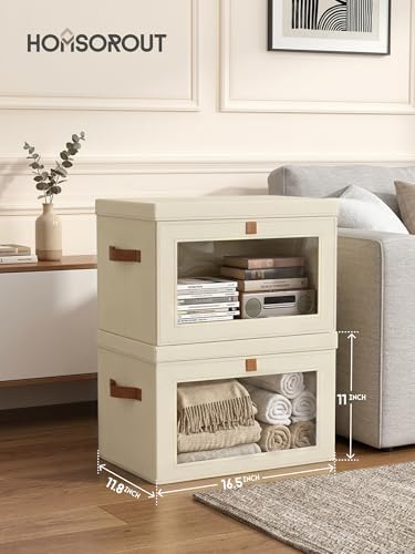 Large Closet Storage Bins - Collapsible Storage Bins with Handles & Window, Decorative Boxes with Lids, Fabric Cubes for Living Room, Dorm, 1 Pack, Beige