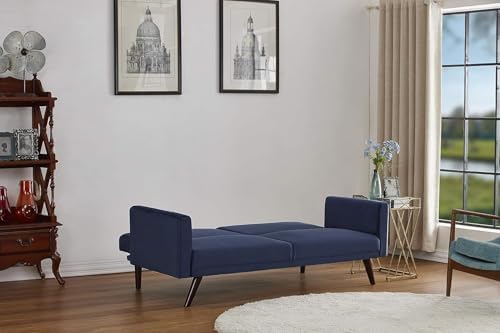 Container Furniture Direct 72 Inch Retro Convertible Futon Sofa Bed with Velvet Upholstery, Mid Century Modern 2-in-1 Sleeper Couch with Reclining Backrest, Solid Wood Frame, Dark Blue