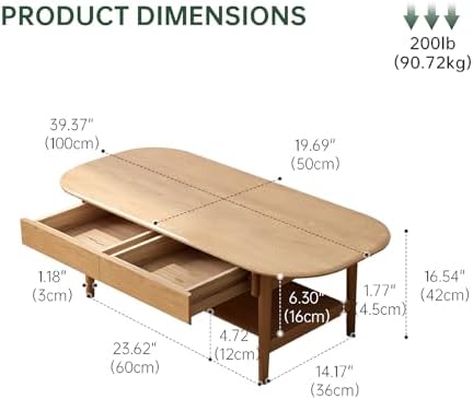 100% Solid Oak Wood Coffee Table with Storage for Living Room, 39.37"W