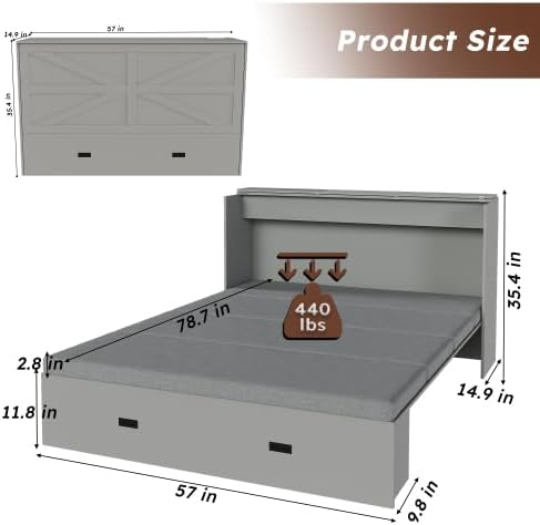 Bellemave Full Murphy Bed with Mattresses and Charging Stations and Storage Drawer, Farmhouse Murphy Cabinet Bed with Foldable Panel, Noisy Free, for Guest Bedroom, Living Room, Gray