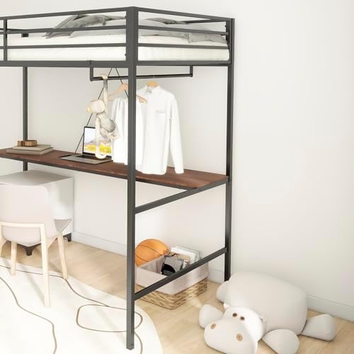 GDFStudio Twin Loft Bed Frame, Twin Size Corner Bed with Wood Desk and Closet Rod,No Box Spring Needed, Noise Free, Black