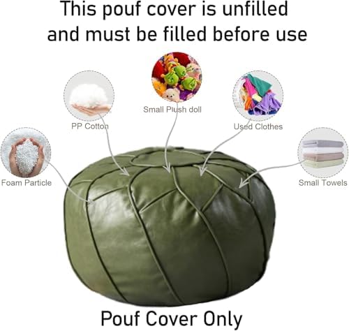 Louis Donné Handmade Moroccan Boho Chic Eco-Friendly Waterproof Faux Leather Unstuffed Pouf Ottoman Cover,Round Storage DIY Foot Rest, Ethnic Decorative Accent for Living Room Bedroom(Green)