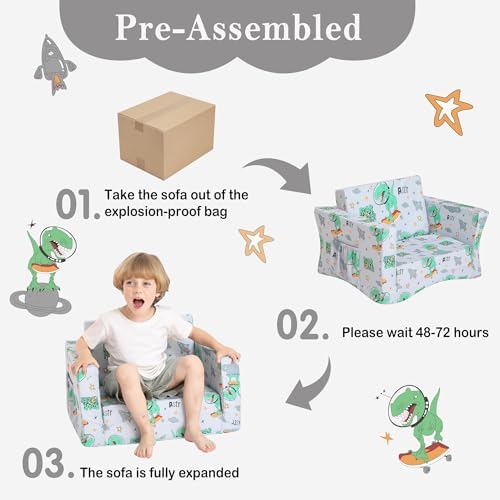 lasoftan Kids Sofa for Toddler, 2-in-1 Toddler Couch Fold Out, Convertible Sofa to Lounger Bed for Girls and Boys, with Removable Cover & Double Pockets - Gray Dinosaur