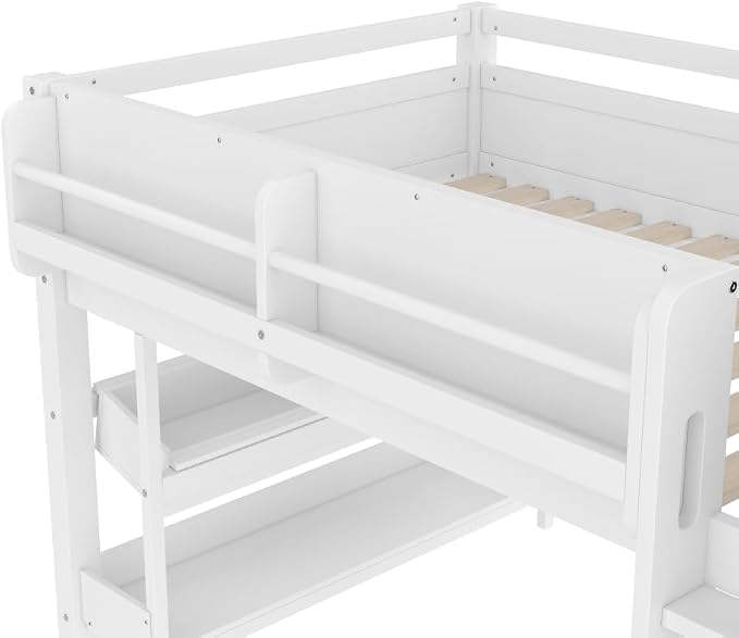 Bellemave Twin Size Low loft Bed with Desk and bookcases, Boxes and Drawers for Kids,Wood Modern Farmhouse Kids Loft Bed with Shelf, White