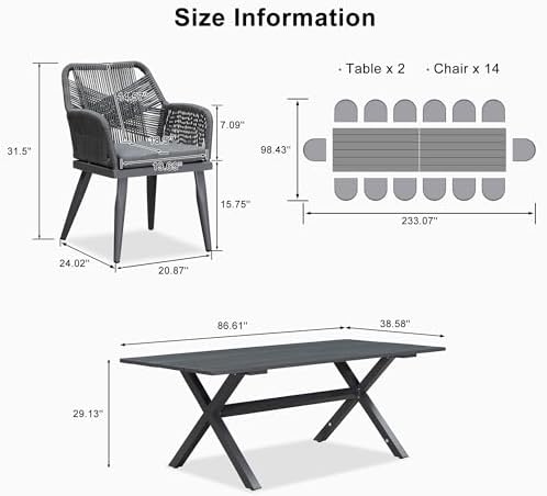 PURPLE LEAF Patio Table and Chairs Set 16 Pieces Woven Rattan Aluminum Grey