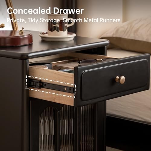 Solid Wood Nightstand Set of 2, Wooden Nightstands with Drawer and Fluted Glass Door – Mid Century Modern Farmhouse Vintage Night Stand, Left and Right Set, 15.75" D x 16.54" W x 22.83" H