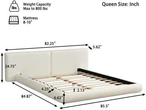 Merax Queen Size Low Profile Floor-Hugging Platform Bed, Platform Bed Frame with 27.45'' Headboard, 800lb WeightCapacity, Upholstered Modern Bed in Fabric, Cream