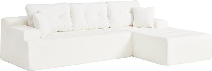 Hobestluk Modular Sectional Sofa Couches L-Shape Couch 3 Seat Modular Sofa Memory Foam Sectional Couches for Living Room, Cloud Couch with Oversized Chaise (White Tufted, 108", Right Hand Facing)