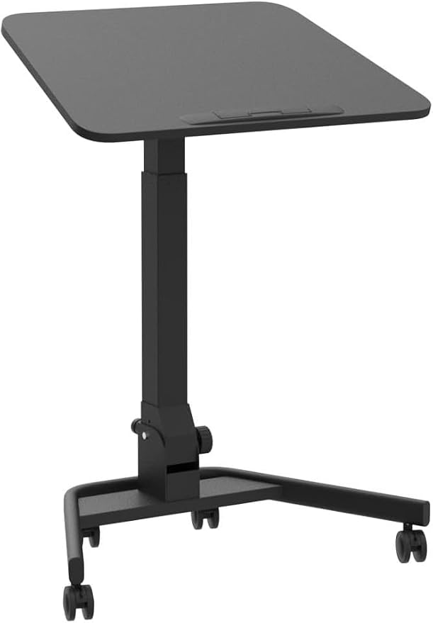 Foldable Mobile Standing Desk, Pneumatic Height Adjustable Rolling Sit Stand Desk, 90° Tiltable Portable Laptop Cart on Wheels, Mobile Desk Workstation for Home Office, Easy to Fold