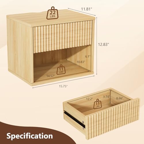 VINGLI Floating Nightstand Fluted Night Stand 1 Drawer Bed Side Table, Storage Oak Nightstand with Drawers, Wood Night Stand End Table for Bedroom, 15.75" W x 11.81" D x 12.83" H
