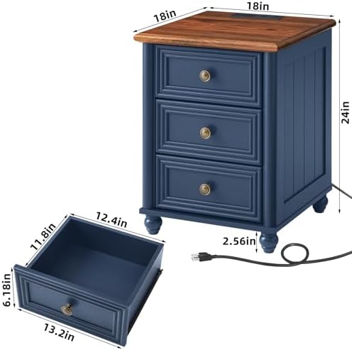 RWYHG 18" Night Stand with Charger Station, Nightstand with 3 Drawers