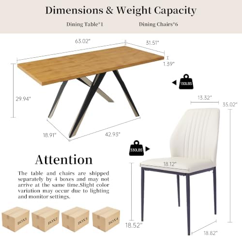 7-Piece Dining Table Set for 6, Oak Color Table with 6 Chairs