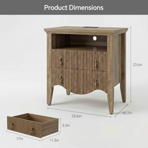 Fluted Nightstand with Charging Station & 2 Drawers,Light Oak