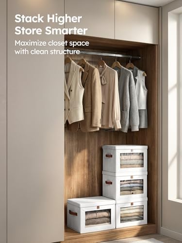 Medium Fabric Storage Bins - Closet Shelf Organizer with Open Window, 5 Pack Closet Baskets for Shelves, Stackable Decorative Boxes for Home, Dorm, White, 13.7" x 9.8” x 9.8"