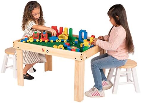 NILO Kids Play Table Set with 2 Compatible Lego Duplo Detachable Two-Sided Baseplates/Boards/Mats (N34 Activity Table Without Holes, 24x32x20 and 2X Green Base Plates 12x32)