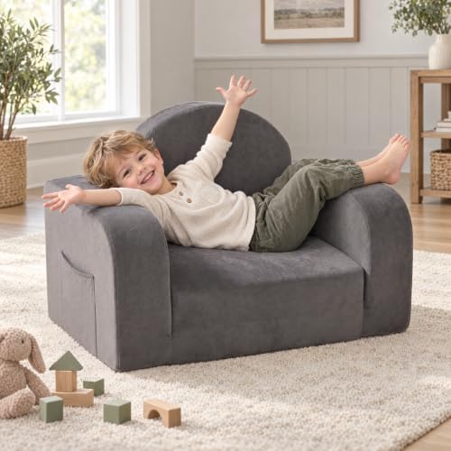 Kids Couch 2-in-1 Foldable Kids Sofa, Thick Foam & Extra Large,Grey