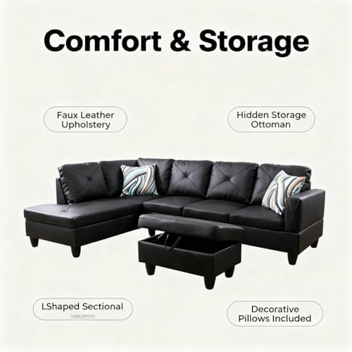 97 inch L-Shape Sofa with Storage Ottoman, Leather Sectional Couch with Left Chaise, Modern 3-Piece Sofa Set, Upholstered Couch Set with Solid Wood Frame for Apartment, Loft, Black