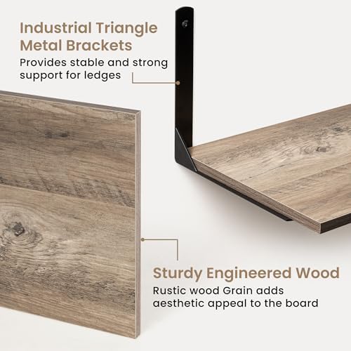Floating Shelves for Wall, 12 Inch Deep Floating Shelves Set of 2, Wall Mounted Shelf with Metal Brackets, Rustic Wood Wide Shelf for Bathroom, Kitchen and Living Room, Grey, 16W x 12D