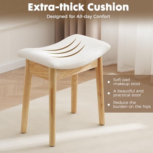 18" Small Vanity Chair, Ottoman Bench Saddle Cushion Linen Beige