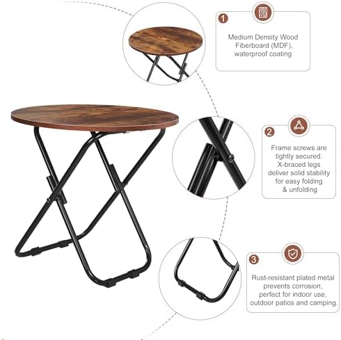 VECELO 17.7" Small Folding Table, Round Patio Outdoor Side Snack Table, Waterproof Foldable Wood End Table with Anti-Rust Metal Legs for Living Room Bedroom Garden Yard Balcony Porch