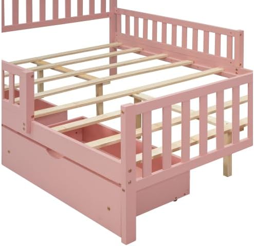 Bellemave Girls Full Bed Frame with Fences and 2 Drawers, Kids Full Platform Bed with Guardrails on Both Sides, Pink