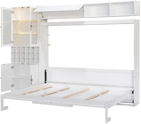 MERITLINE Murphy Bed Queen with Couch and Storage,Charging Station& LED Light,Wood Foldable Murphy Wall Bed Cabinet with Storage Cabinet,Sofa,Bookcase and Wine Rack