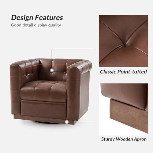 HULALA HOME Genuine Leather Swivel Accent Chairs Set of 2 with Wooden Base, Mid Century Modern Square Accent Chairs for Living Room Bedroom Club, Brown