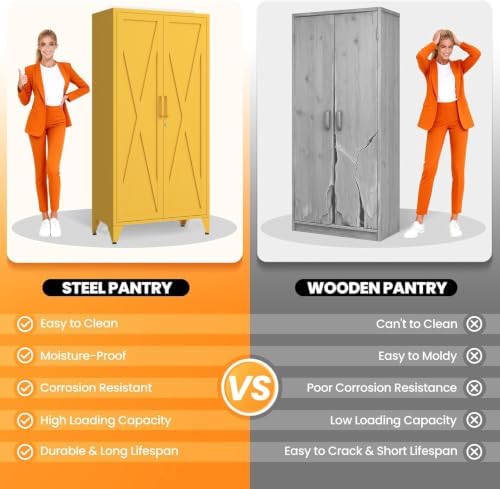 X-Shaped Door Kitchen Pantry Cabinets with Lockable and Adjustable partitions Metal Storage Cabinet 61" H Metal Pantry Cabinetfor Cupboard/Dining Room/Bathroom/Living Room/Office/Laundry Room