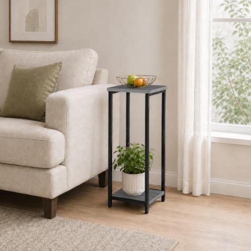 10" Wide Square Drink Table with Adjustable Feet - 2-Tier Small Side Table for Apartments, Balcony & Office | Space-Saving, Lightweight & Multi-Functional (Plants, Books, Drinks, Grey)
