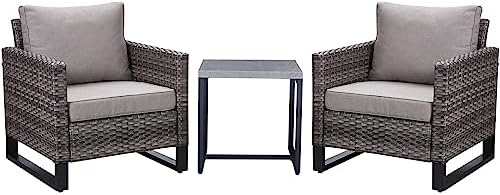 Belord Outdoor Bistro Set 3 Piece Outdoor Wicker Patio Chairs, Oversize Outdoor Rattan Seating Set, All-Weather Chairs Wicker Furniture with Metal Side Table and Water-Resistant Cushion for Outside