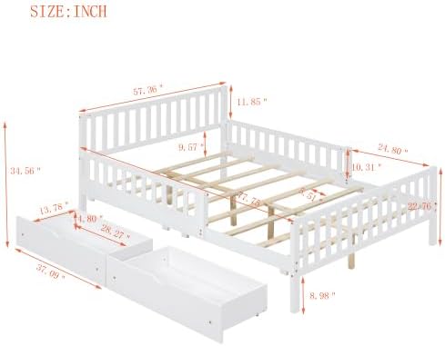 Bellemave Full Size Kids Platform Bed with Fences and 2 Drawers, Wooden Full Bed Frame with Guardrails on Both Sides for Boys Girls, White
