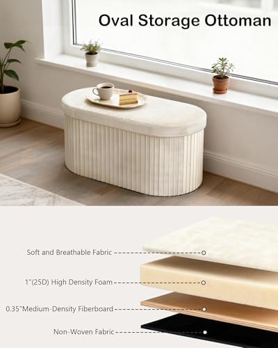 GLAXYFUR Folding Ottoman with Storage, Oval Velvet Storage Bench, Beige