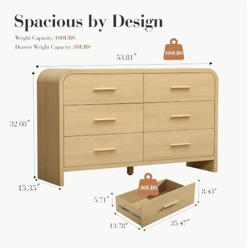 Curved 6-Drawer Dresser for Bedroom, 54" Wide Modern Chest of Drawers, Vanity Desk TV Stand for Living Room, Closet Storage Drawers Organizer Furniture, Nursery, Hallway, Oak