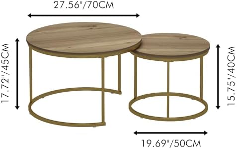 27.6" Round Nesting Coffee Table Set of 2, Brown & Gold Marble