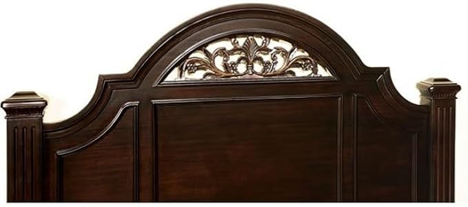 First of a kind Queen Size Traditional Bedroom Furniture 5 pc Set in Dark Walnut - Solid Wood Finish, Floral Headboard Design, Antique Brass Hardware - Bed, Nightstand, Dresser, Mirror & Storage Chest
