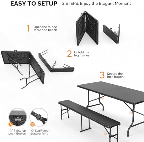 VINGLI Picnic Table Set with 2 Benches, 6 Feet Camping Table Chair Set