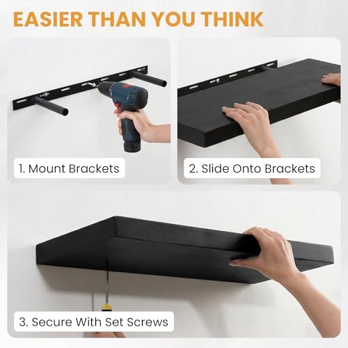Wood Floating Shelves Set of 2, Rustic Pine Wood Floating Shelves for Wall Mounting, Wide Wall Shelf for Home Decor and Storage, 36" W x 7" D, Black