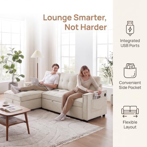 71" L Shaped Queen Pull Out Sofa Bed with Storage, USB Port, Beige